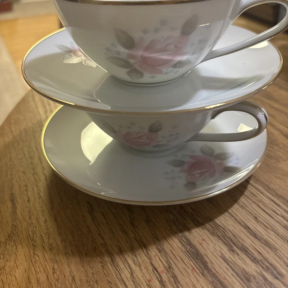 Noritake Roseville 6238 Tea Cups Set of 2 Pink Rose Gold Trim Japan Fine China